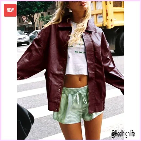 Oversized Faux Leather Motorcycle Jacket, Zip Up Winter Coat, Women's Outerwear - Picture 6 of 7